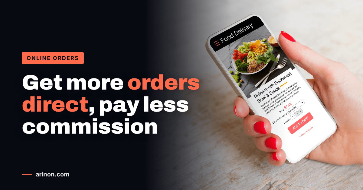 Hand holding a smartphone showing a food ordering page with an add to cart button