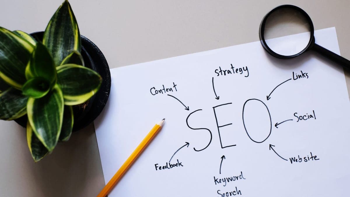 SEO process flow chart drawn on a board