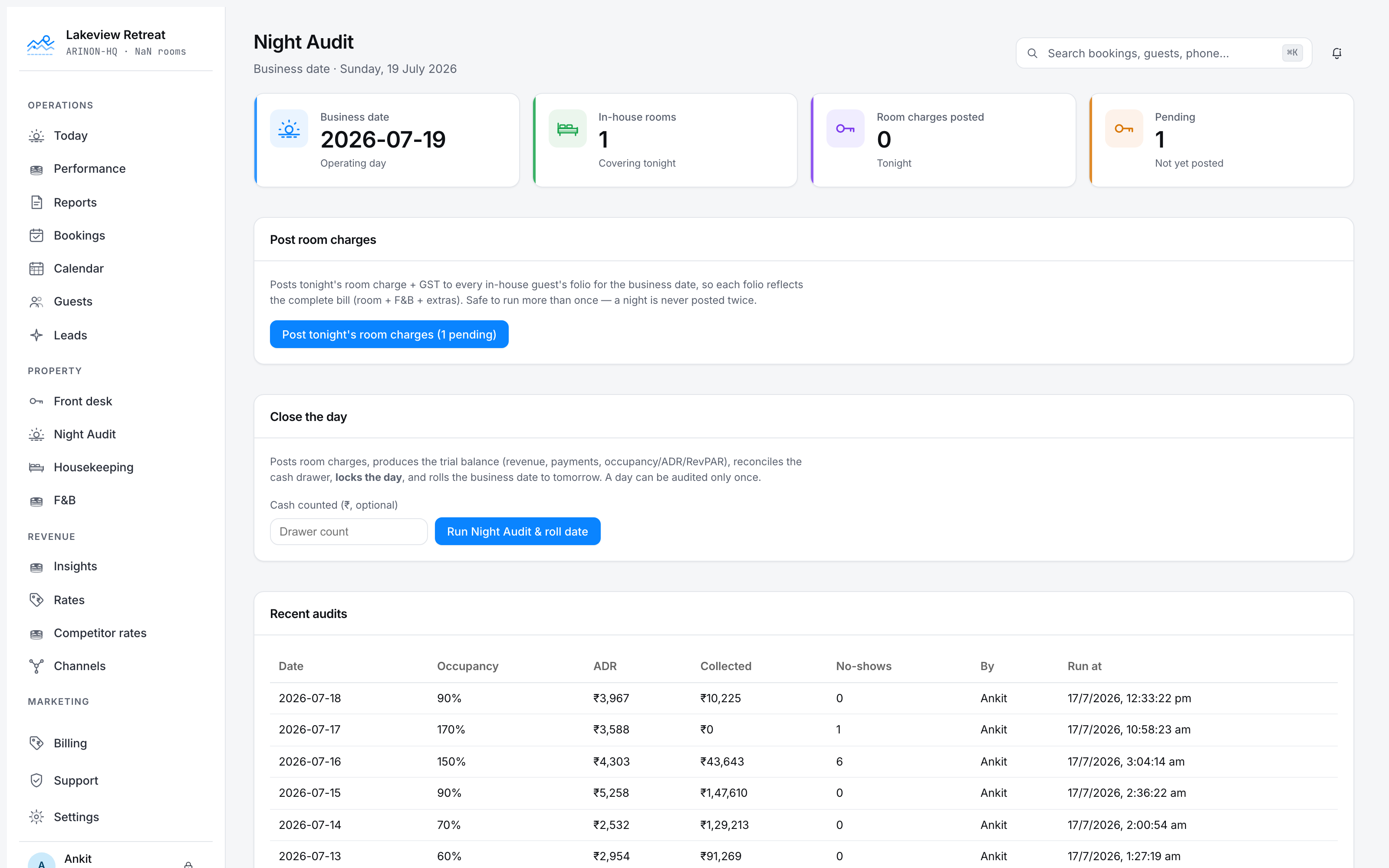 One-click Night Audit: post, reconcile, lock & roll the day.